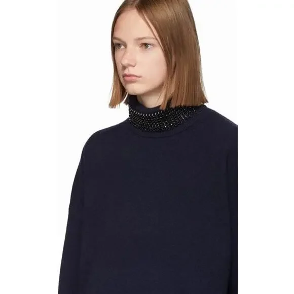 Alexander Wang Navy Blue Crystal Collar Wool Turtleneck Sweater Size L